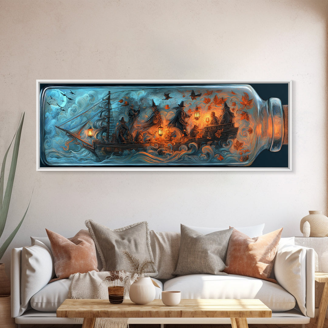 The Ghost Ship In A Bottle - Procession Scene, Halloween Wall Art, Extra Wide Wall Art, Framed Canvas Print, Halloween Home Decor