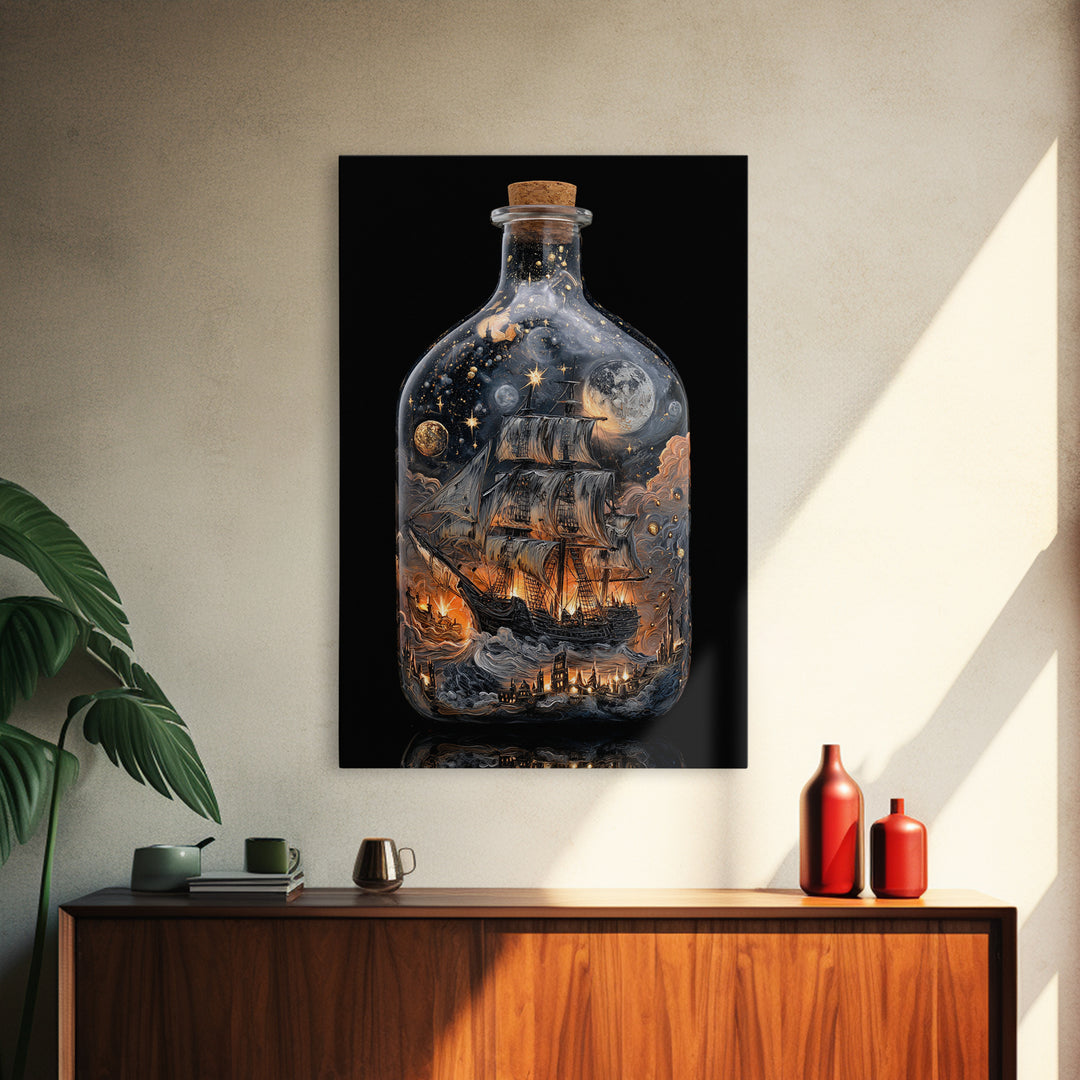The Ghost Ship In A Bottle - Surreal Celestial Vision, Spooky Wall Decor, Vertical Wall Art, Framed Canvas Print, Halloween Home Decor
