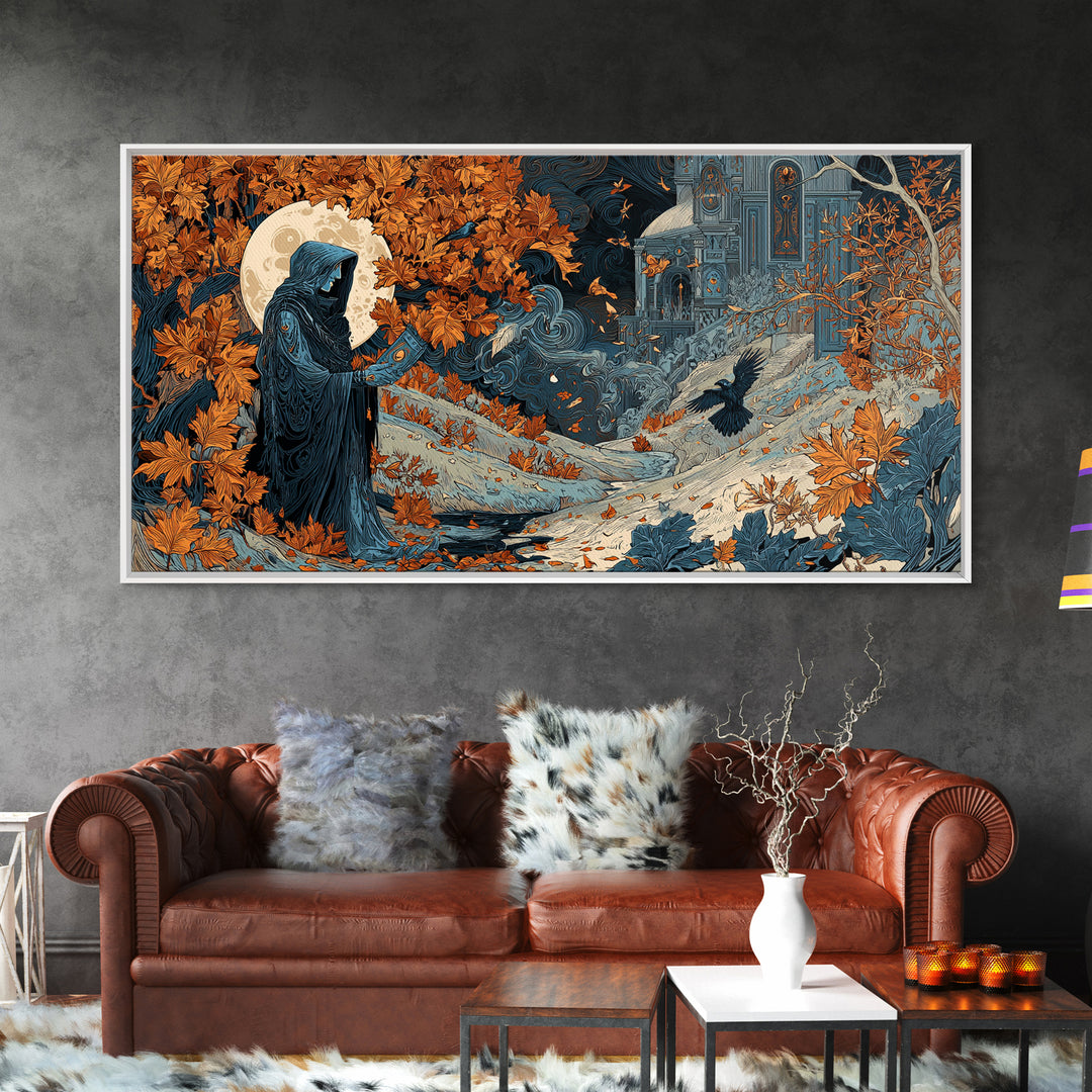 The Harvest Moon Tarot Reader - Environmental Panorama, Dark Fantasy Wall Art, Wide Panoramic Art, Canvas Print, Halloween Home Decor