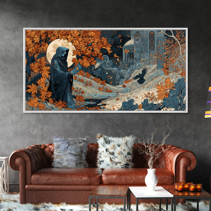 The Harvest Moon Tarot Reader - Environmental Panorama, Dark Fantasy Wall Art, Wide Panoramic Art, Canvas Print, Halloween Home Decor