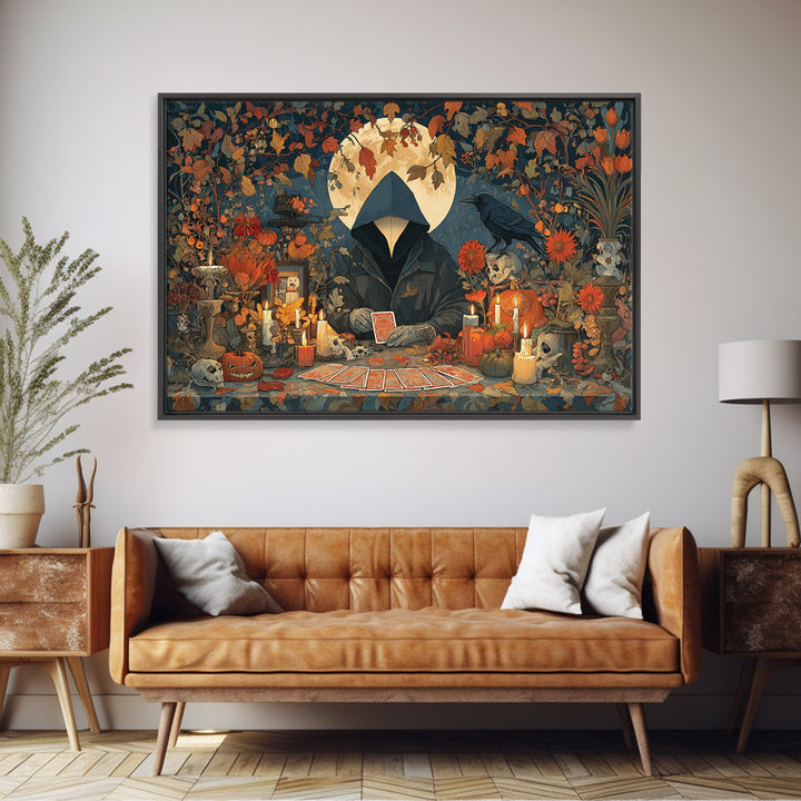 The Harvest Moon Tarot Reader - Occult Still Life, Occult Wall Decor, Landscape Wall Art, Canvas Print, Halloween Home Decor