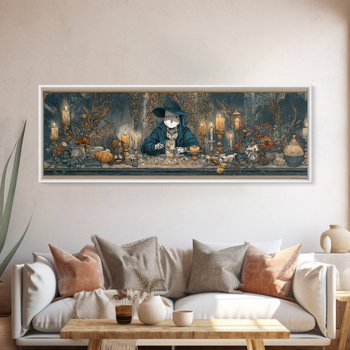 The Harvest Moon Tarot Reader - Occult Still Life, Spooky Wall Decor, Extra Wide Wall Art, Framed Canvas Print, Halloween Home Decor