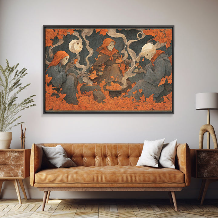 The Harvest Moon Tarot Reader - Procession Scene, Halloween Wall Art, Landscape Wall Art, Framed Canvas Print, Halloween Home Decor
