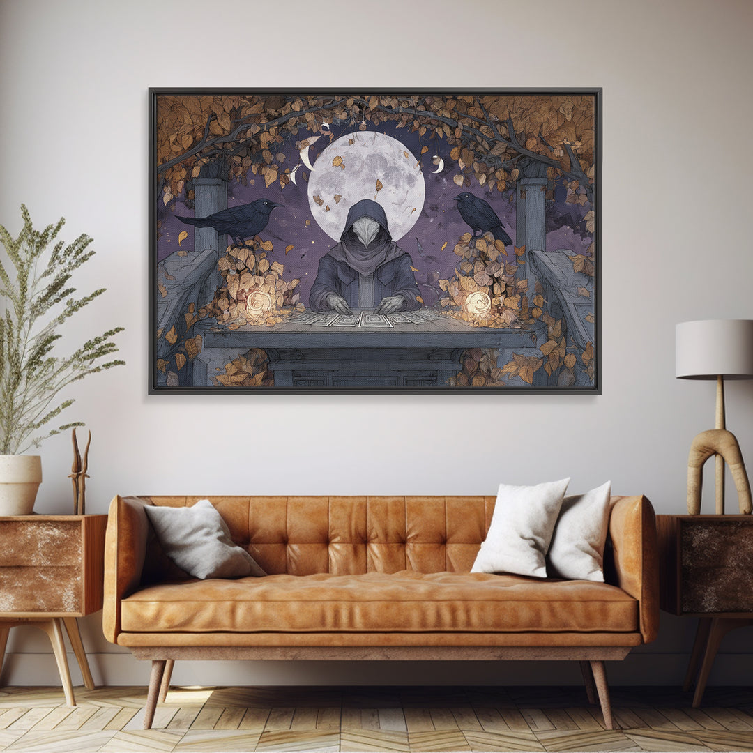 The Harvest Moon Tarot Reader - Surreal Celestial Vision, Occult Wall Decor, Landscape Wall Art, Canvas Print, Halloween Home Decor