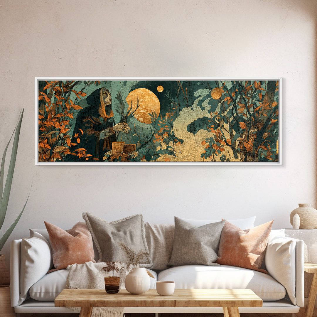 The Harvest Moon Tarot Reader - Surreal Celestial Vision, Occult Wall Decor, Extra Wide Wall Art, Canvas Print, Halloween Home Decor