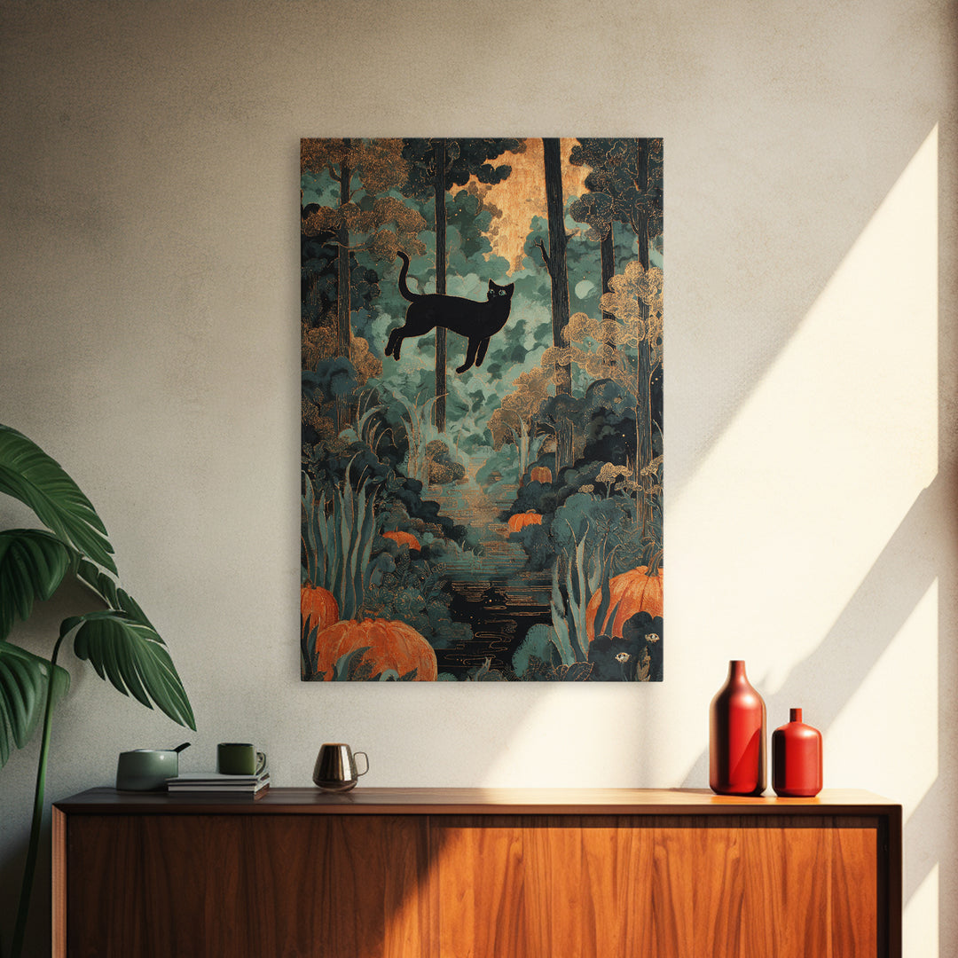 The Black Cat Constellation - Icon Portrait, Macabre Halloween Art, Vertical Wall Art, Framed Canvas Print, Halloween Home Decor