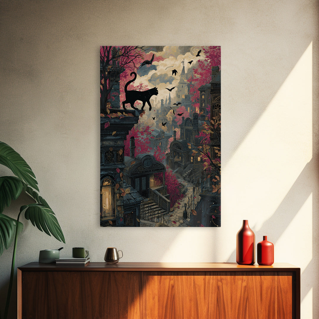 The Black Cat Constellation - Environmental Panorama, Macabre Halloween Art, Vertical Wall Art, Framed Canvas Print, Halloween Home Decor