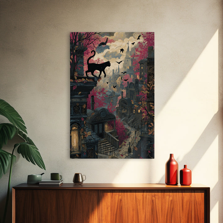 The Black Cat Constellation - Environmental Panorama, Macabre Halloween Art, Vertical Wall Art, Framed Canvas Print, Halloween Home Decor