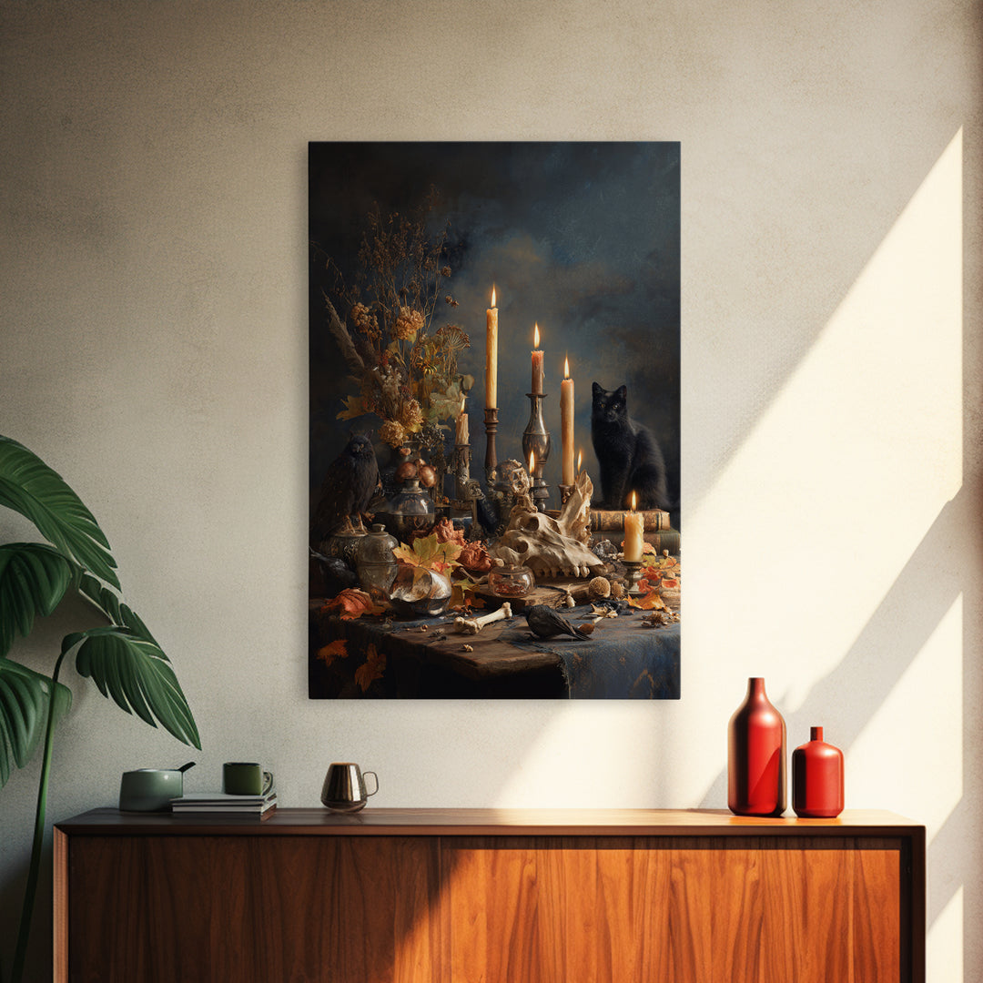 The Black Cat Constellation - Occult Still Life, Spooky Wall Decor, Vertical Wall Art, Framed Canvas Print, Halloween Home Decor