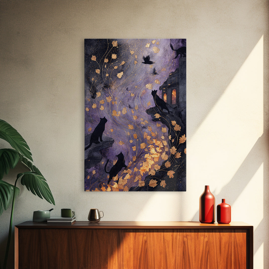 The Black Cat Constellation - Procession Scene, Halloween Wall Art, Vertical Wall Art, Framed Canvas Print, Halloween Home Decor