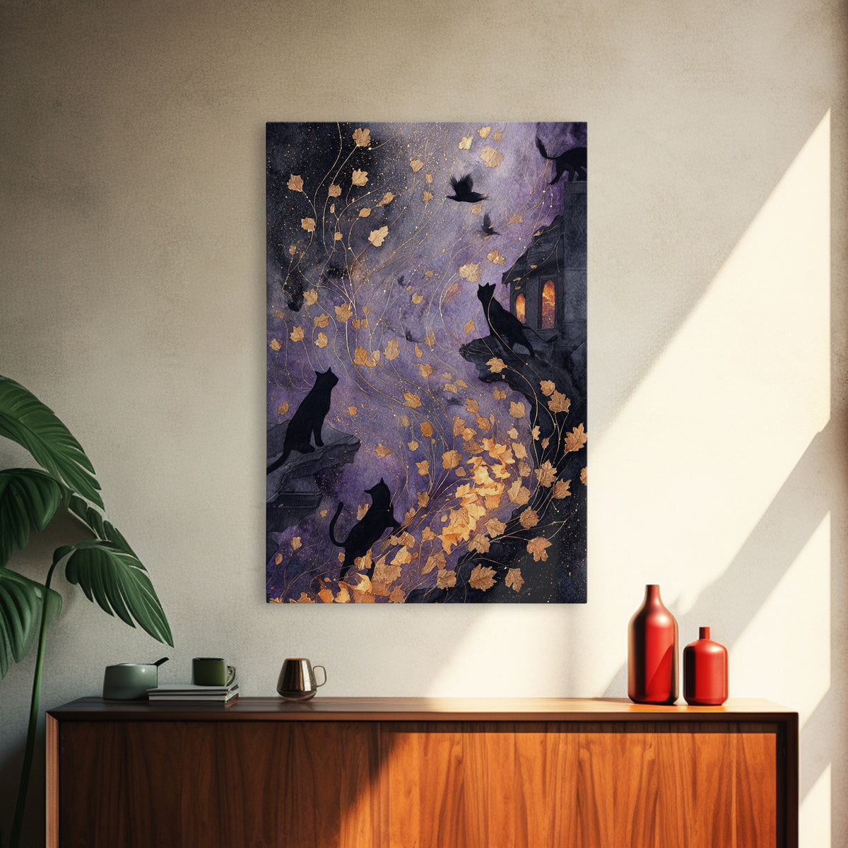 The Black Cat Constellation - Procession Scene, Halloween Wall Art, Vertical Wall Art, Framed Canvas Print, Halloween Home Decor