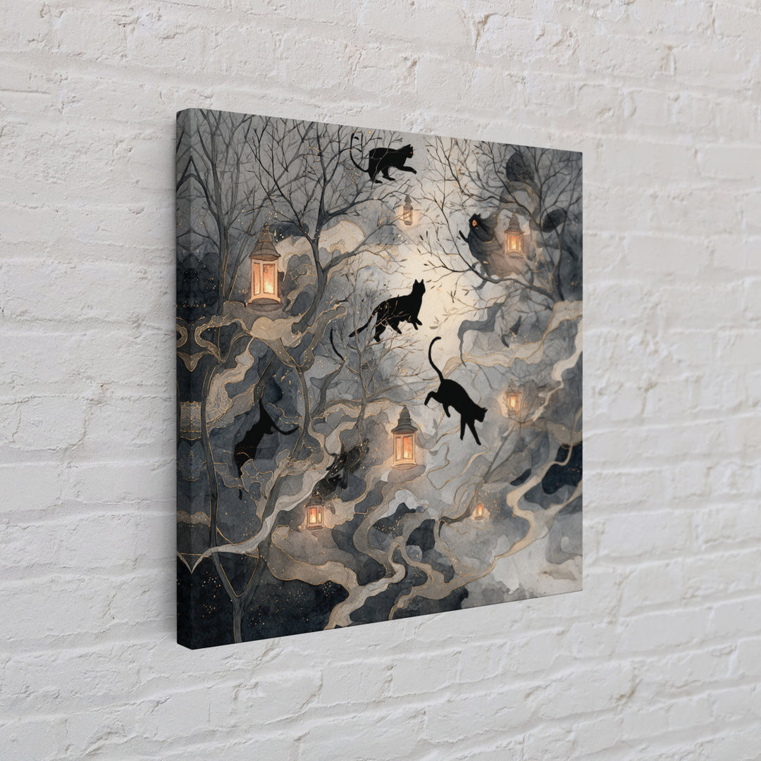 The Black Cat Constellation - Procession Scene, Macabre Halloween Art, Square Wall Art, Framed Canvas Print, Halloween Home Decor