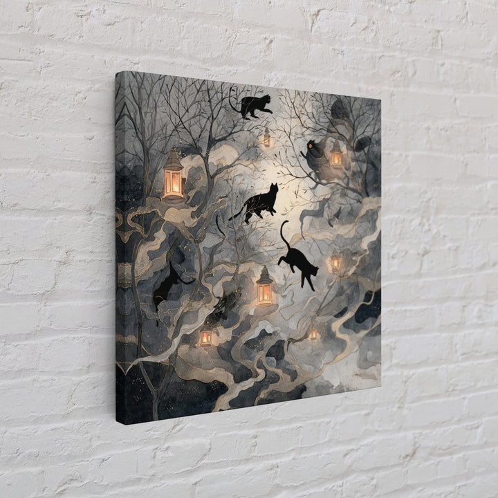 The Black Cat Constellation - Procession Scene, Macabre Halloween Art, Square Wall Art, Framed Canvas Print, Halloween Home Decor