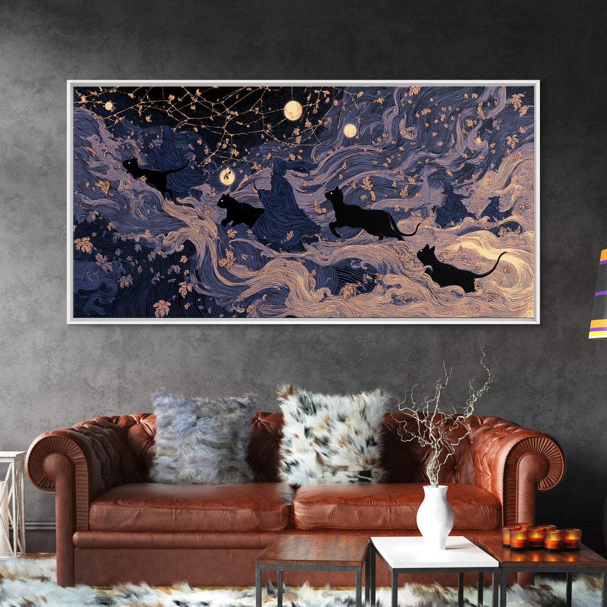 The Black Cat Constellation - Procession Scene, Occult Wall Decor, Wide Panoramic Art, Canvas Print, Halloween Home Decor, Gothic Wall Art