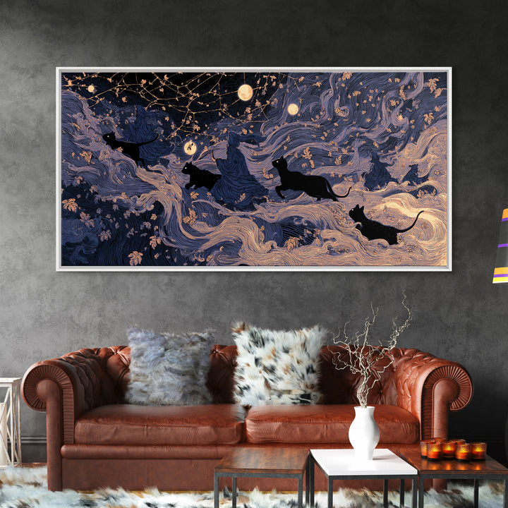 The Black Cat Constellation - Procession Scene, Occult Wall Decor, Wide Panoramic Art, Canvas Print, Halloween Home Decor, Gothic Wall Art