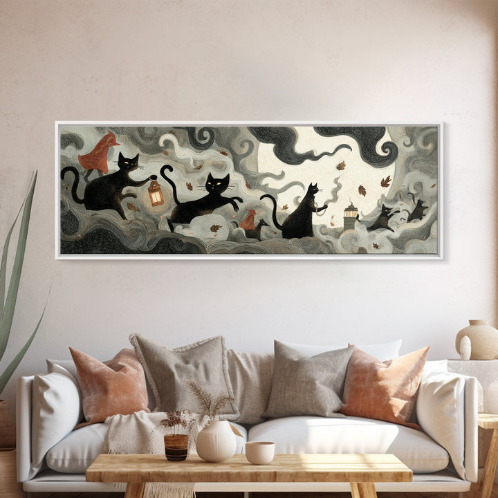 The Black Cat Constellation - Procession Scene, Gothic Home Decor, Extra Wide Wall Art, Canvas Print, Halloween Home Decor, Gothic Wall Art