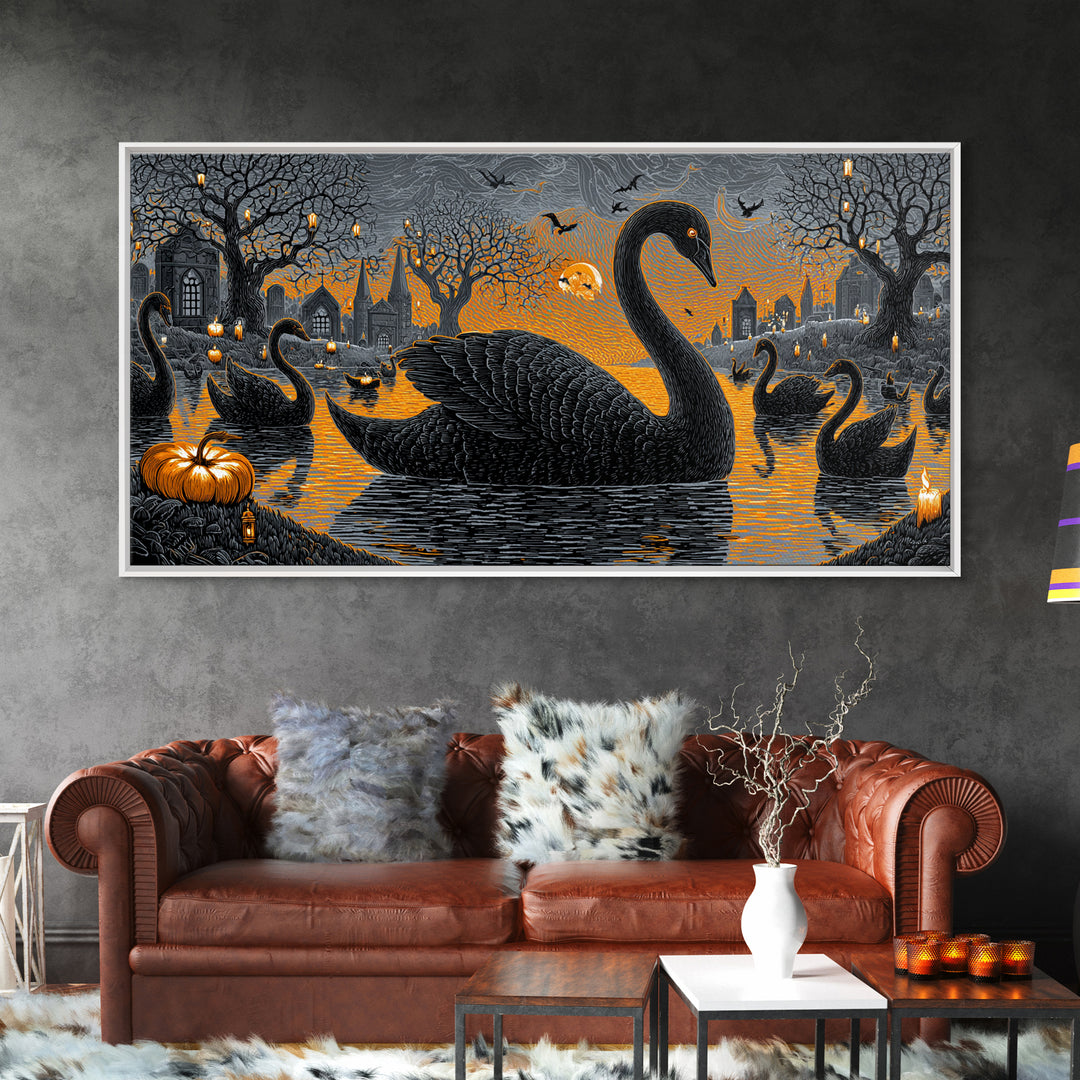 The Cemetery Swan Lake - Icon Portrait, Halloween Wall Art, Wide Panoramic Art, Framed Canvas Print, Halloween Home Decor, Gothic Wall Art