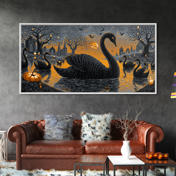 The Cemetery Swan Lake - Icon Portrait, Halloween Wall Art, Wide Panoramic Art, Framed Canvas Print, Halloween Home Decor, Gothic Wall Art