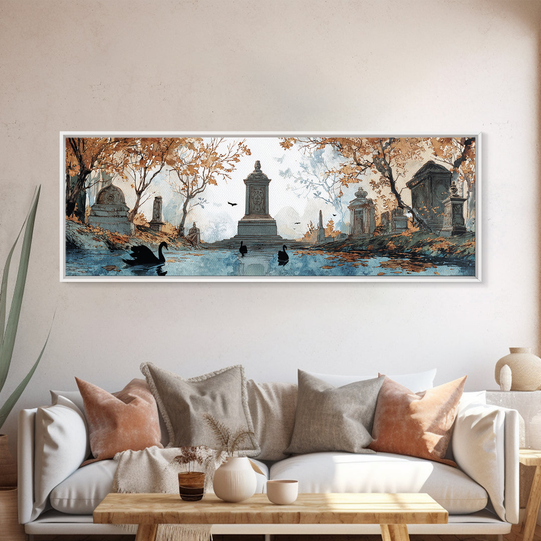 The Cemetery Swan Lake - Icon Portrait, Gothic Home Decor, Extra Wide Wall Art, Canvas Print, Halloween Home Decor, Gothic Wall Art