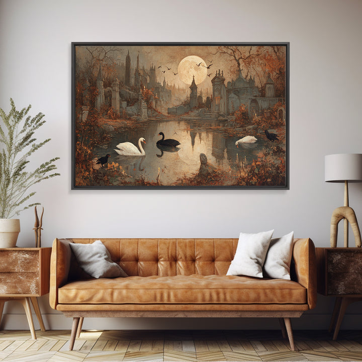The Cemetery Swan Lake - Environmental Panorama, Occult Wall Decor, Landscape Wall Art, Canvas Print, Halloween Home Decor, Gothic Wall Art