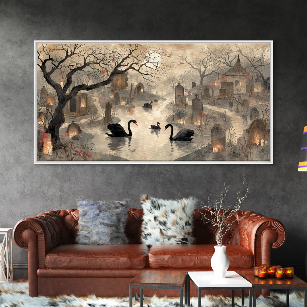 The Cemetery Swan Lake - Environmental Panorama, Dark Fantasy Wall Art, Wide Panoramic Art, Canvas Print, Halloween Home Decor