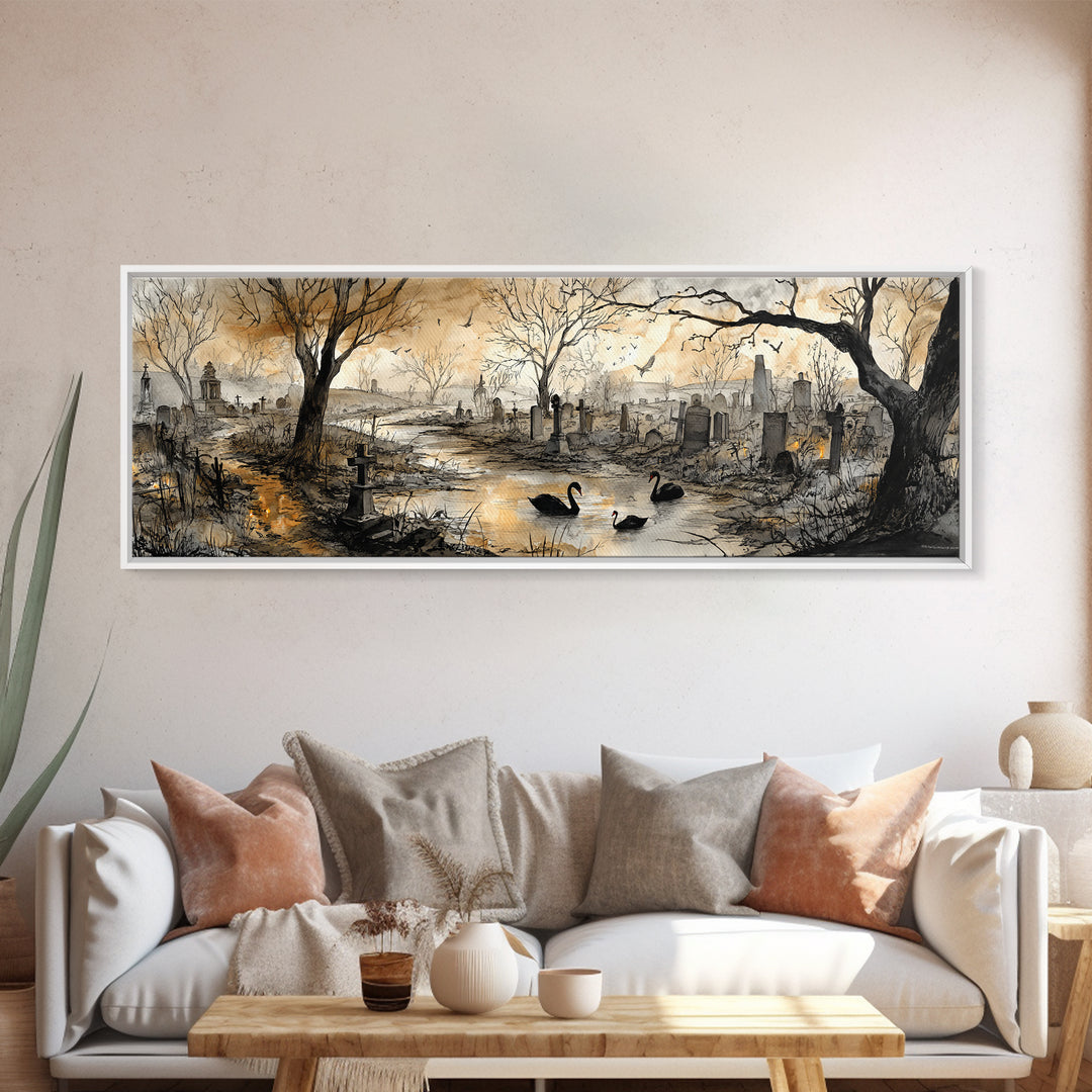 The Cemetery Swan Lake - Environmental Panorama, Halloween Wall Art, Extra Wide Wall Art, Framed Canvas Print, Halloween Home Decor