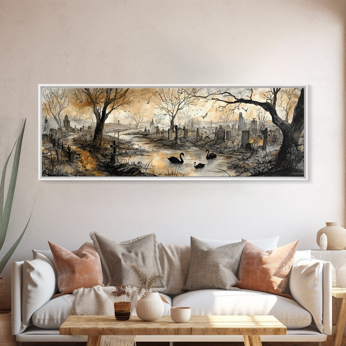The Cemetery Swan Lake - Environmental Panorama, Halloween Wall Art, Extra Wide Wall Art, Framed Canvas Print, Halloween Home Decor