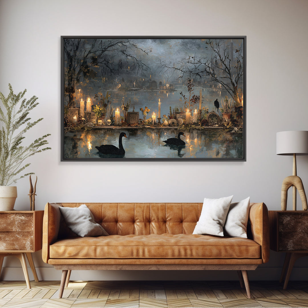 The Cemetery Swan Lake - Occult Still Life, Dark Fantasy Wall Art, Landscape Wall Art, Canvas Print, Halloween Home Decor, Gothic Wall Art