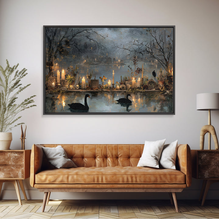 The Cemetery Swan Lake - Occult Still Life, Dark Fantasy Wall Art, Landscape Wall Art, Canvas Print, Halloween Home Decor, Gothic Wall Art