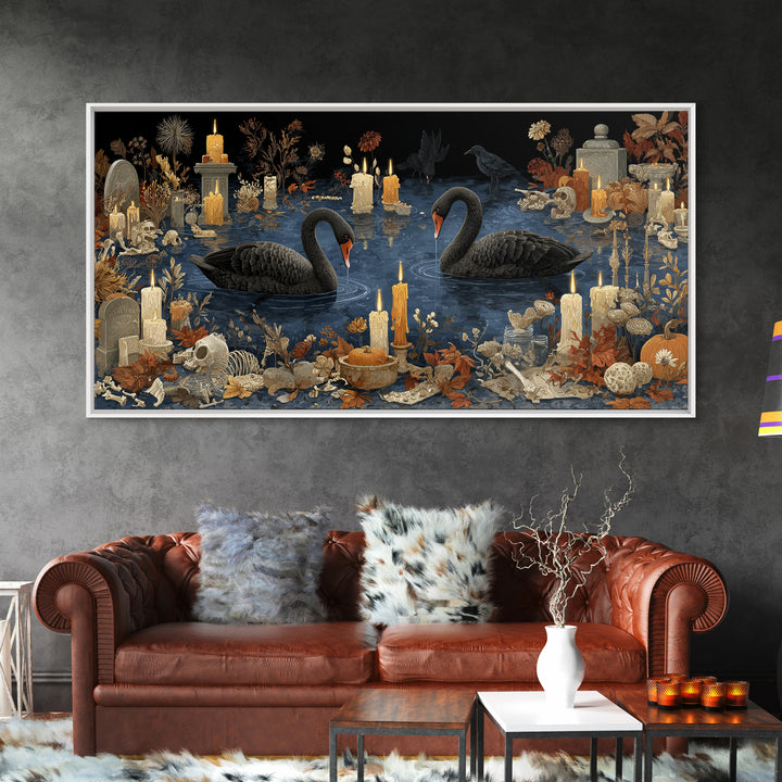 The Cemetery Swan Lake - Occult Still Life, Halloween Wall Art, Wide Panoramic Art, Framed Canvas Print, Halloween Home Decor
