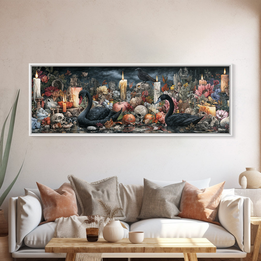 The Cemetery Swan Lake - Occult Still Life, Occult Wall Decor, Extra Wide Wall Art, Canvas Print, Halloween Home Decor, Gothic Wall Art