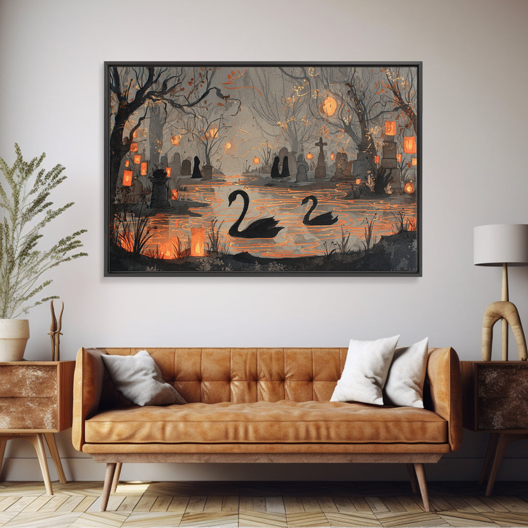 The Cemetery Swan Lake - Procession Scene, Occult Wall Decor, Landscape Wall Art, Canvas Print, Halloween Home Decor, Gothic Wall Art