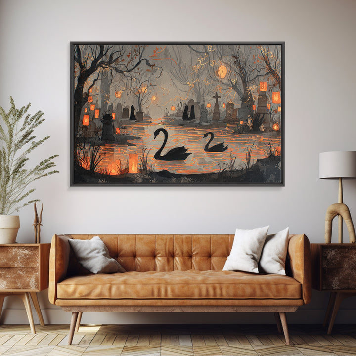 The Cemetery Swan Lake - Procession Scene, Occult Wall Decor, Landscape Wall Art, Canvas Print, Halloween Home Decor, Gothic Wall Art