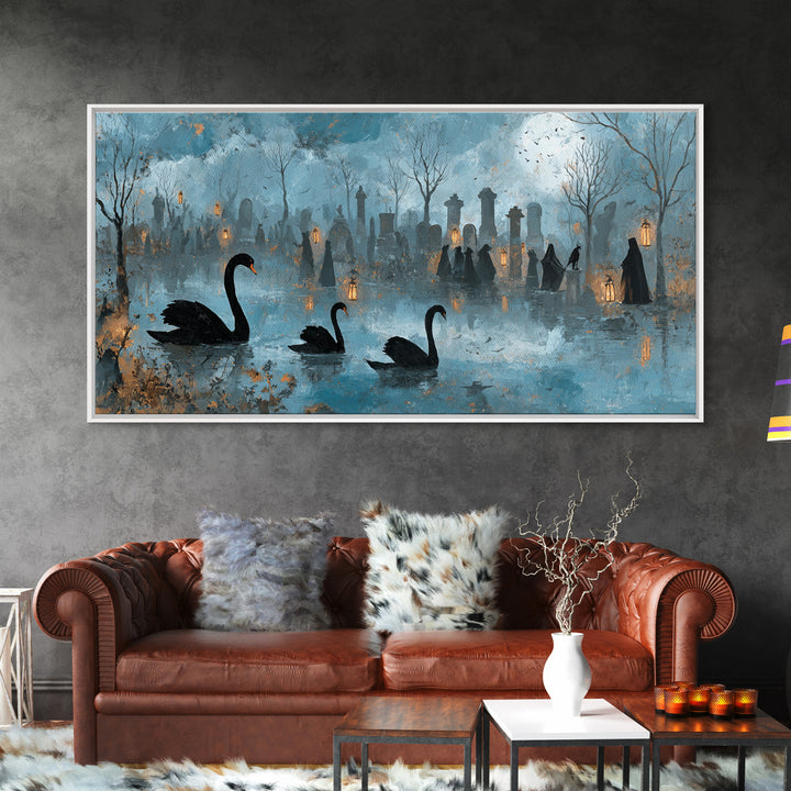 The Cemetery Swan Lake - Procession Scene, Spooky Wall Decor, Wide Panoramic Art, Framed Canvas Print, Halloween Home Decor, Gothic Wall Art