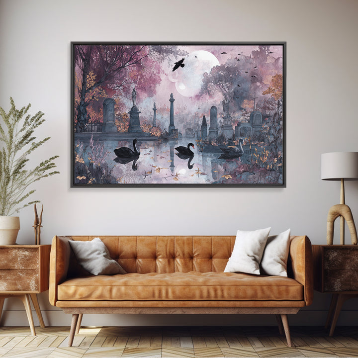 The Cemetery Swan Lake - Surreal Celestial Vision, Macabre Halloween Art, Landscape Wall Art, Framed Canvas Print, Halloween Home Decor