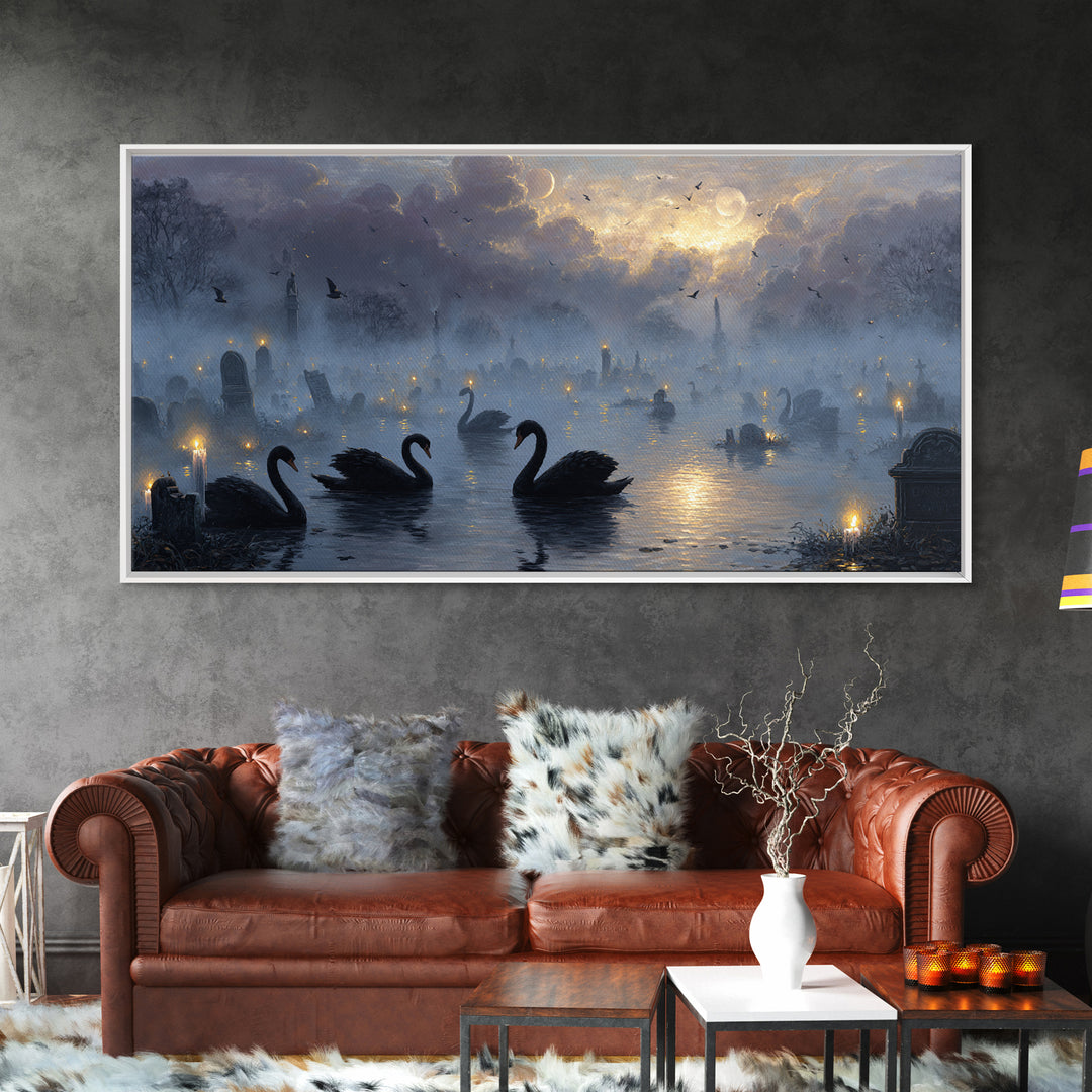 The Cemetery Swan Lake - Surreal Celestial Vision, Halloween Wall Art, Wide Panoramic Art, Framed Canvas Print, Halloween Home Decor