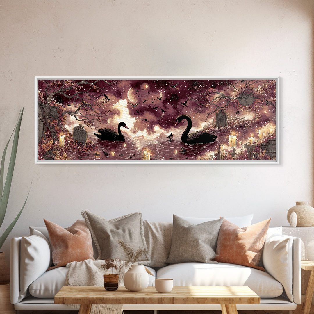 The Cemetery Swan Lake - Surreal Celestial Vision, Gothic Home Decor, Extra Wide Wall Art, Canvas Print, Halloween Home Decor