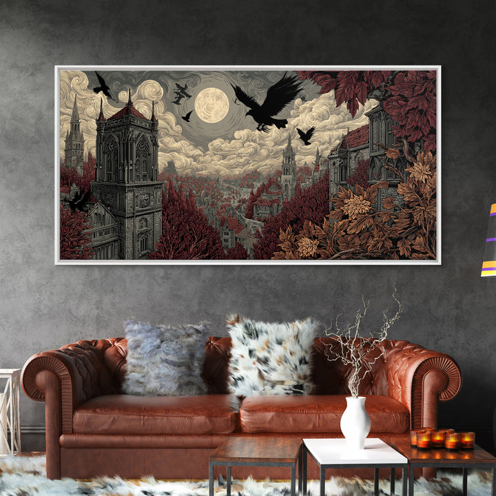 The Gargoyle Rooftop Choir - Environmental Panorama, Dark Fantasy Wall Art, Wide Panoramic Art, Canvas Print, Halloween Home Decor