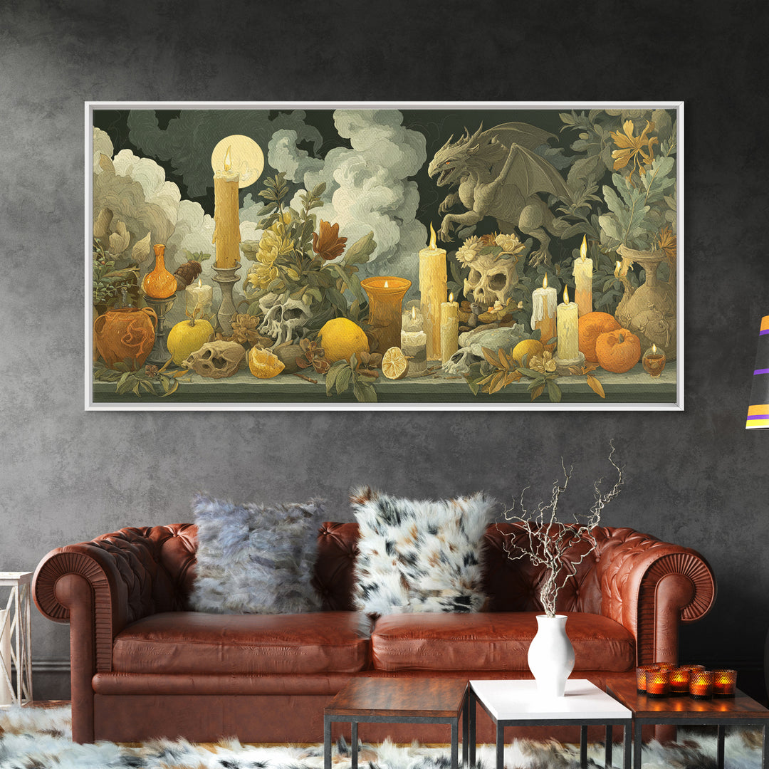 The Gargoyle Rooftop Choir - Occult Still Life, Gothic Home Decor, Wide Panoramic Art, Canvas Print, Halloween Home Decor, Gothic Wall Art