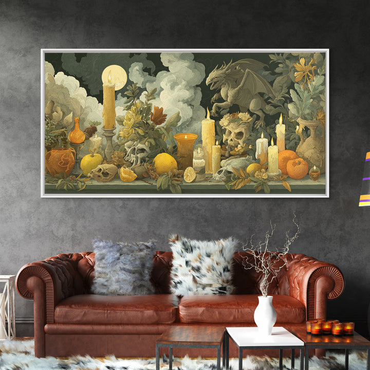 The Gargoyle Rooftop Choir - Occult Still Life, Gothic Home Decor, Wide Panoramic Art, Canvas Print, Halloween Home Decor, Gothic Wall Art