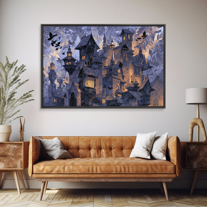 The Gargoyle Rooftop Choir - Procession Scene, Macabre Halloween Art, Landscape Wall Art, Framed Canvas Print, Halloween Home Decor