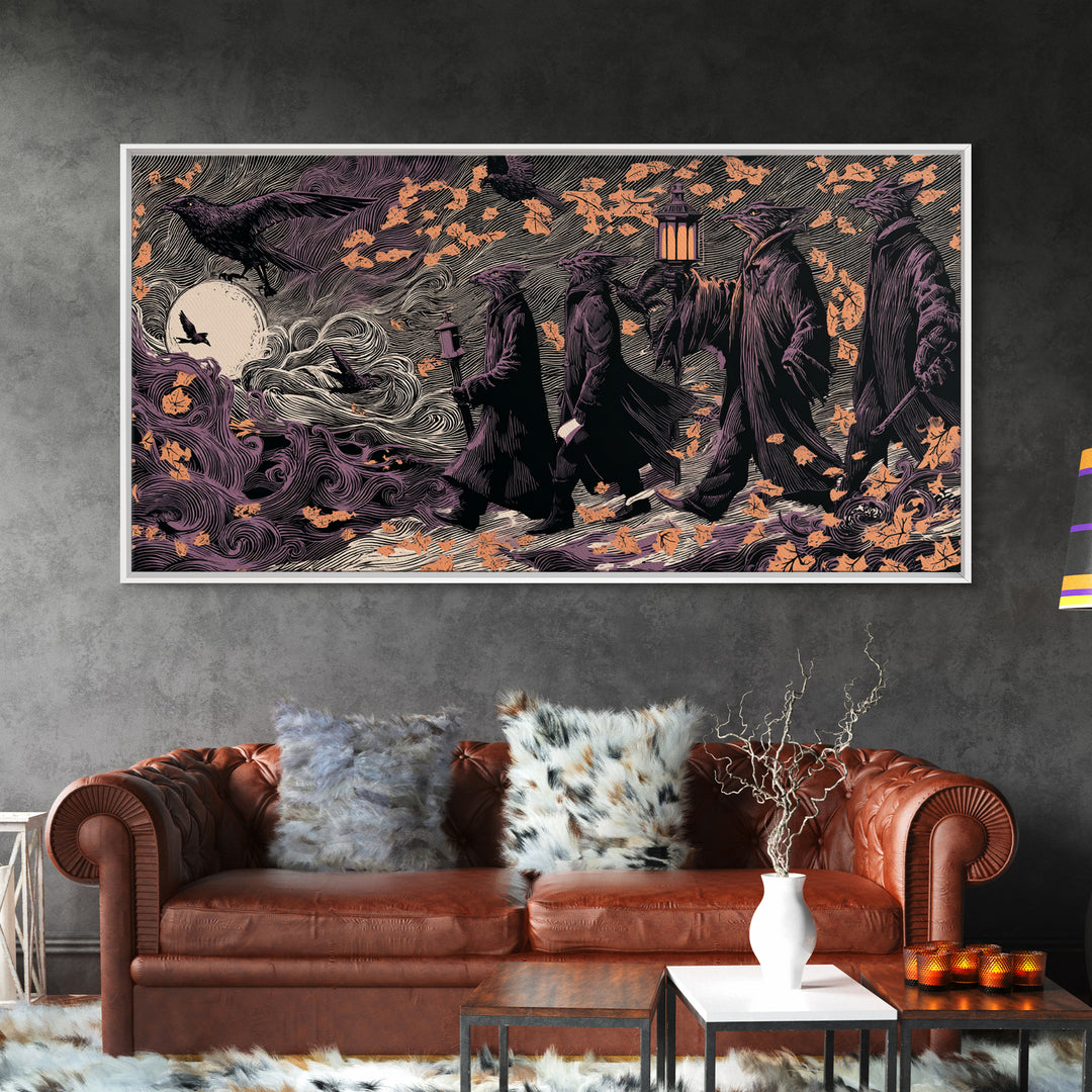 The Gargoyle Rooftop Choir - Procession Scene, Spooky Wall Decor, Wide Panoramic Art, Framed Canvas Print, Halloween Home Decor
