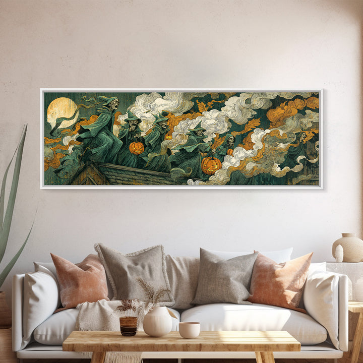 The Gargoyle Rooftop Choir - Procession Scene, Macabre Halloween Art, Extra Wide Wall Art, Framed Canvas Print, Halloween Home Decor