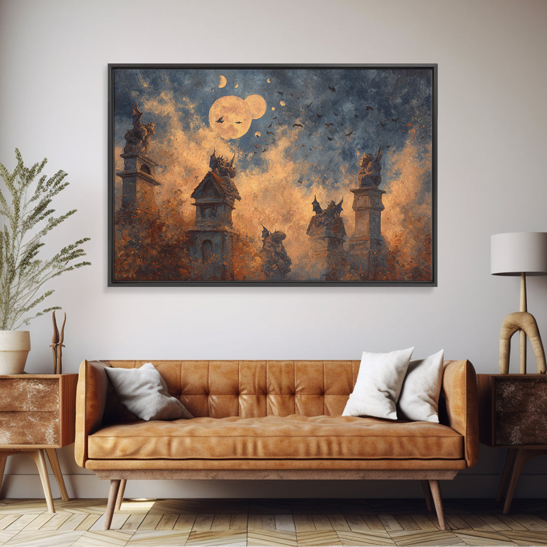 The Gargoyle Rooftop Choir - Surreal Celestial Vision, Halloween Wall Art, Landscape Wall Art, Framed Canvas Print, Halloween Home Decor