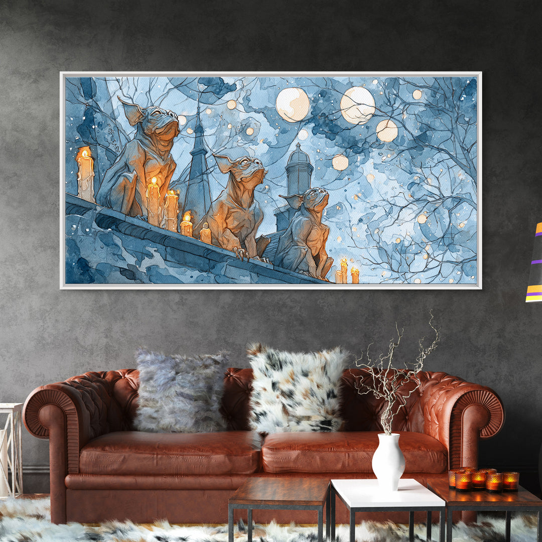 The Gargoyle Rooftop Choir - Surreal Celestial Vision, Macabre Halloween Art, Wide Panoramic Art, Framed Canvas Print, Halloween Home Decor