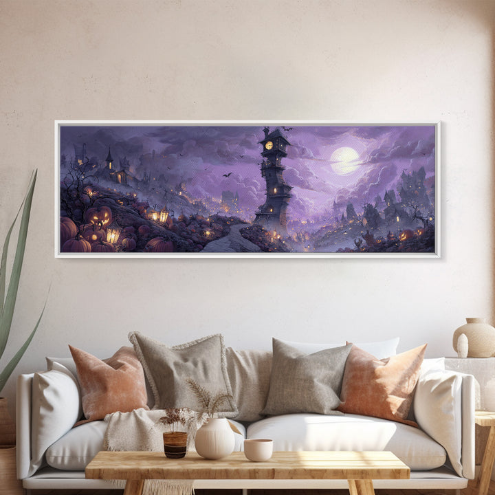 The October Clock Tower - Environmental Panorama, Spooky Wall Decor, Extra Wide Wall Art, Framed Canvas Print, Halloween Home Decor