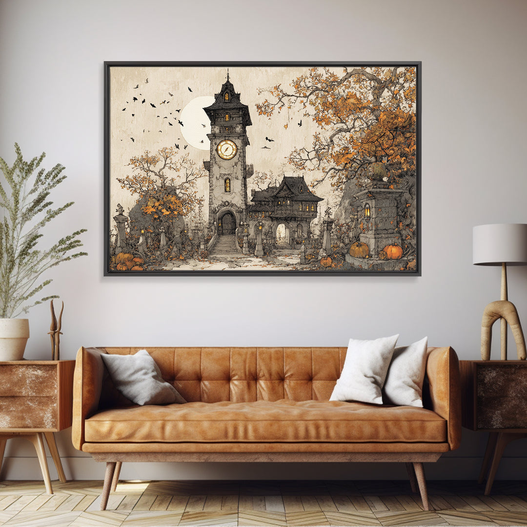 The October Clock Tower - Procession Scene, Dark Fantasy Wall Art, Landscape Wall Art, Canvas Print, Halloween Home Decor, Gothic Wall Art