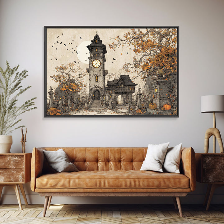 The October Clock Tower - Procession Scene, Dark Fantasy Wall Art, Landscape Wall Art, Canvas Print, Halloween Home Decor, Gothic Wall Art