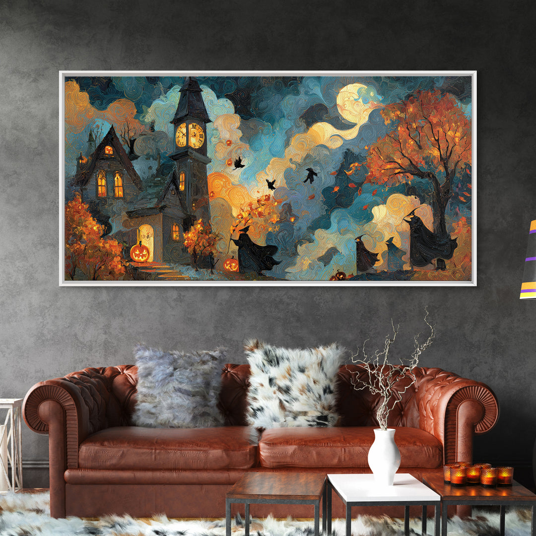 The October Clock Tower - Procession Scene, Halloween Wall Art, Wide Panoramic Art, Framed Canvas Print, Halloween Home Decor