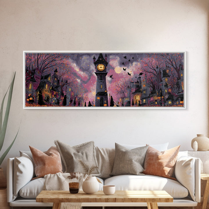 The October Clock Tower - Procession Scene, Gothic Home Decor, Extra Wide Wall Art, Canvas Print, Halloween Home Decor, Gothic Wall Art